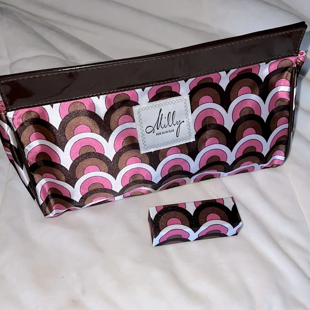 Milly For Clinique Pink and Brown Cosmetic Bag and Lipstick Case, NWOT